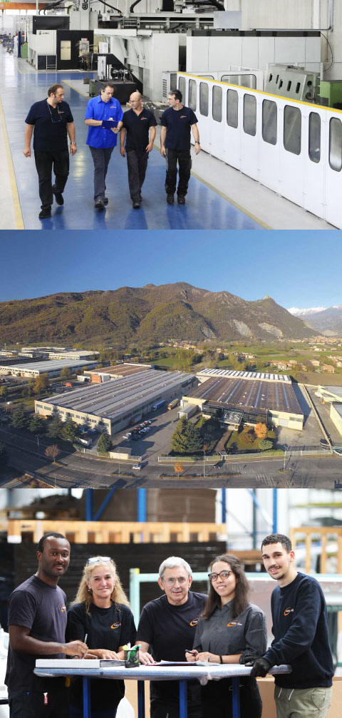 3 scorci di Eurodies Italia, Avigliana: area fresatura, veduta dello stabilimento dall’alto e team in reparto assemblaggio